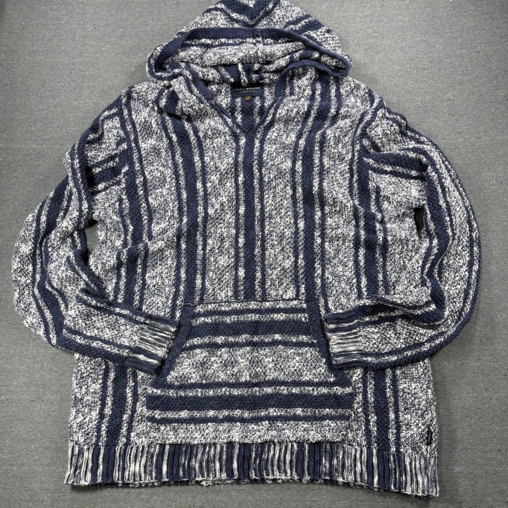 Lucky Brand Mens L Baja Hoodie Blue White Striped Knit Pullover Sweater Exc
